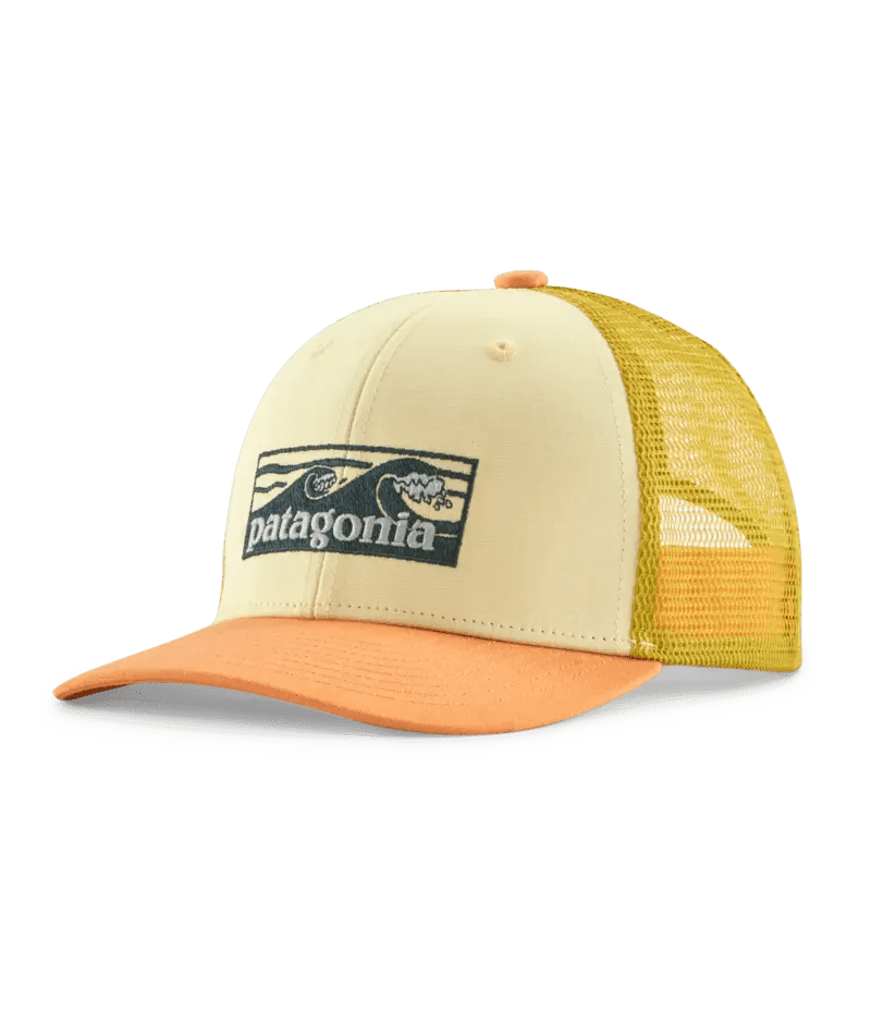 Kid's Trucker Hat in Boardshort Logo Tones: Buttercup Yellow | Patagonia Bend