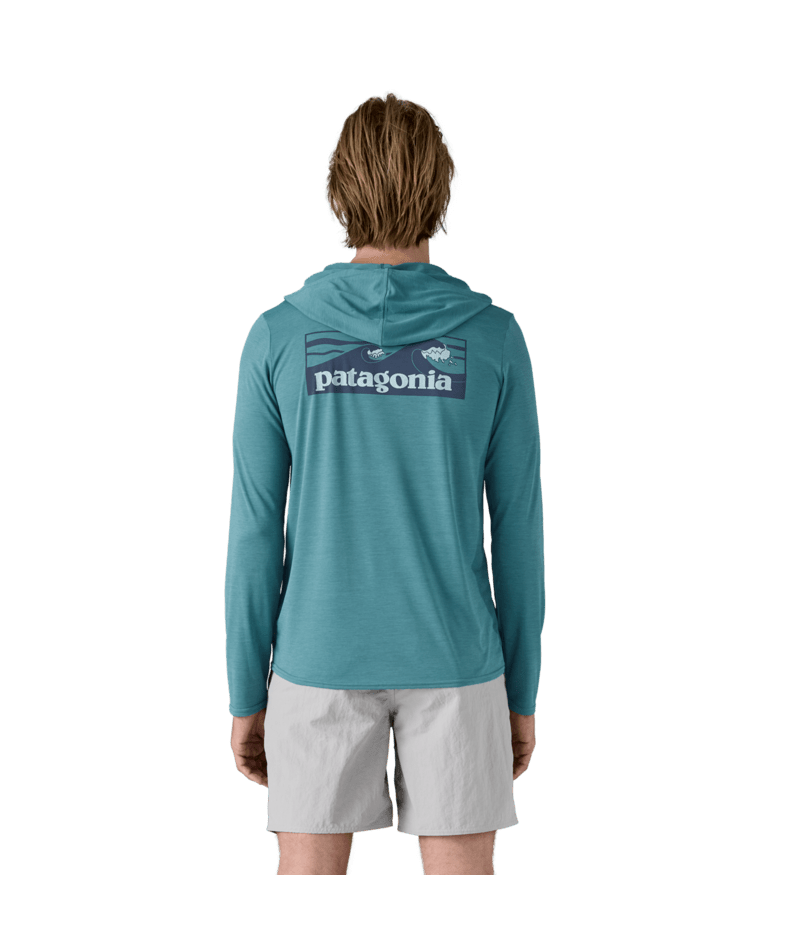 Men's Capilene® Cool Daily Graphic Hoody in Boardshort Logo Tones: Wetland Blue X - Dye | Patagonia Bend