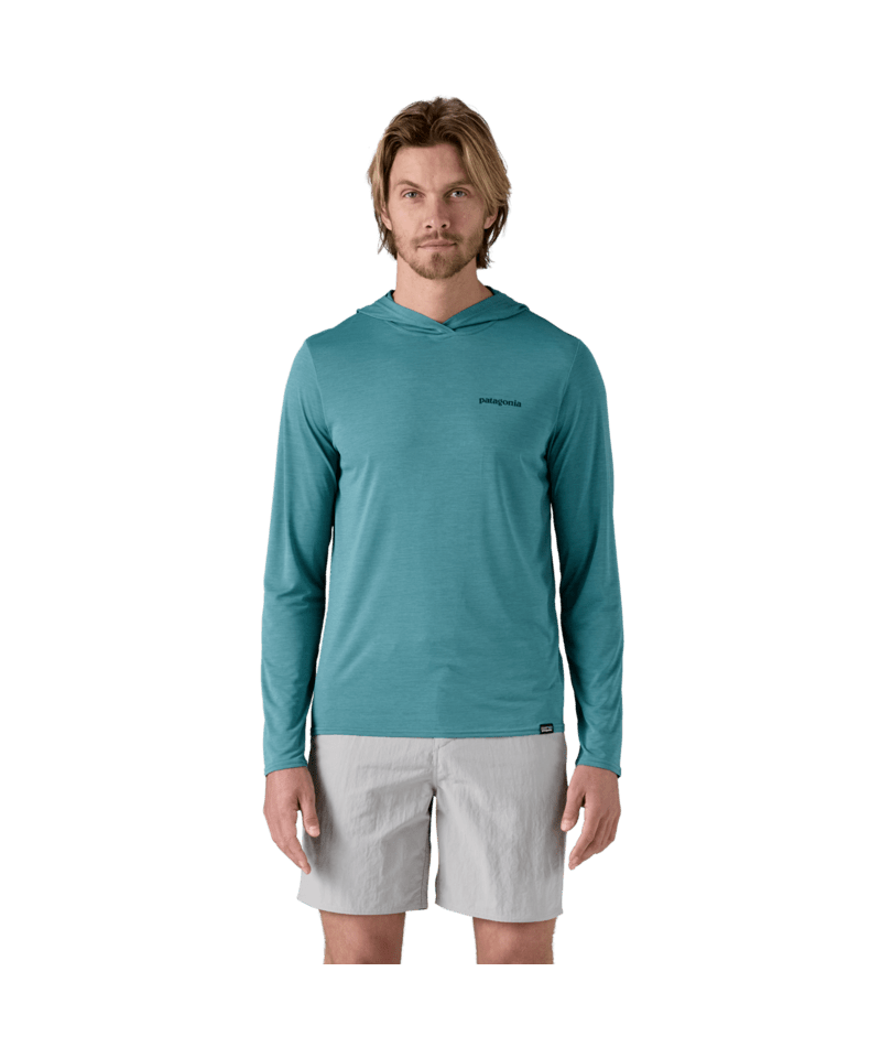 Men's Capilene® Cool Daily Graphic Hoody in Boardshort Logo Tones: Wetland Blue X - Dye | Patagonia Bend