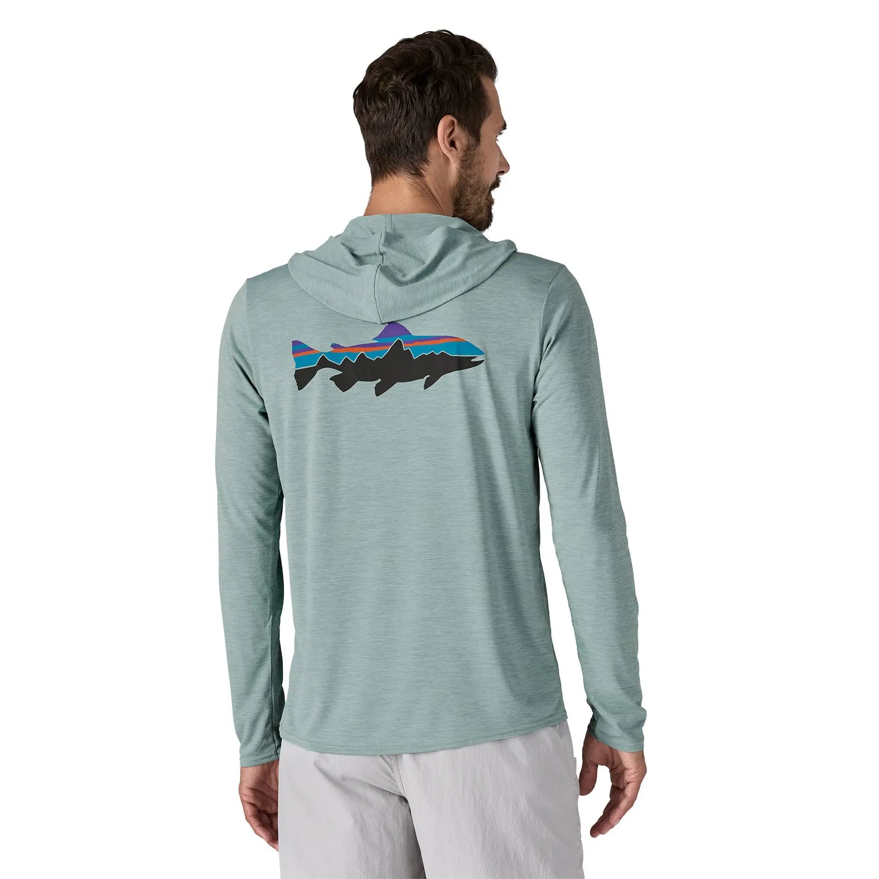 Men's Capilene® Cool Daily Graphic Hoody in Fitz Roy Trout: Thermal Blue X - Dye | Patagonia Bend