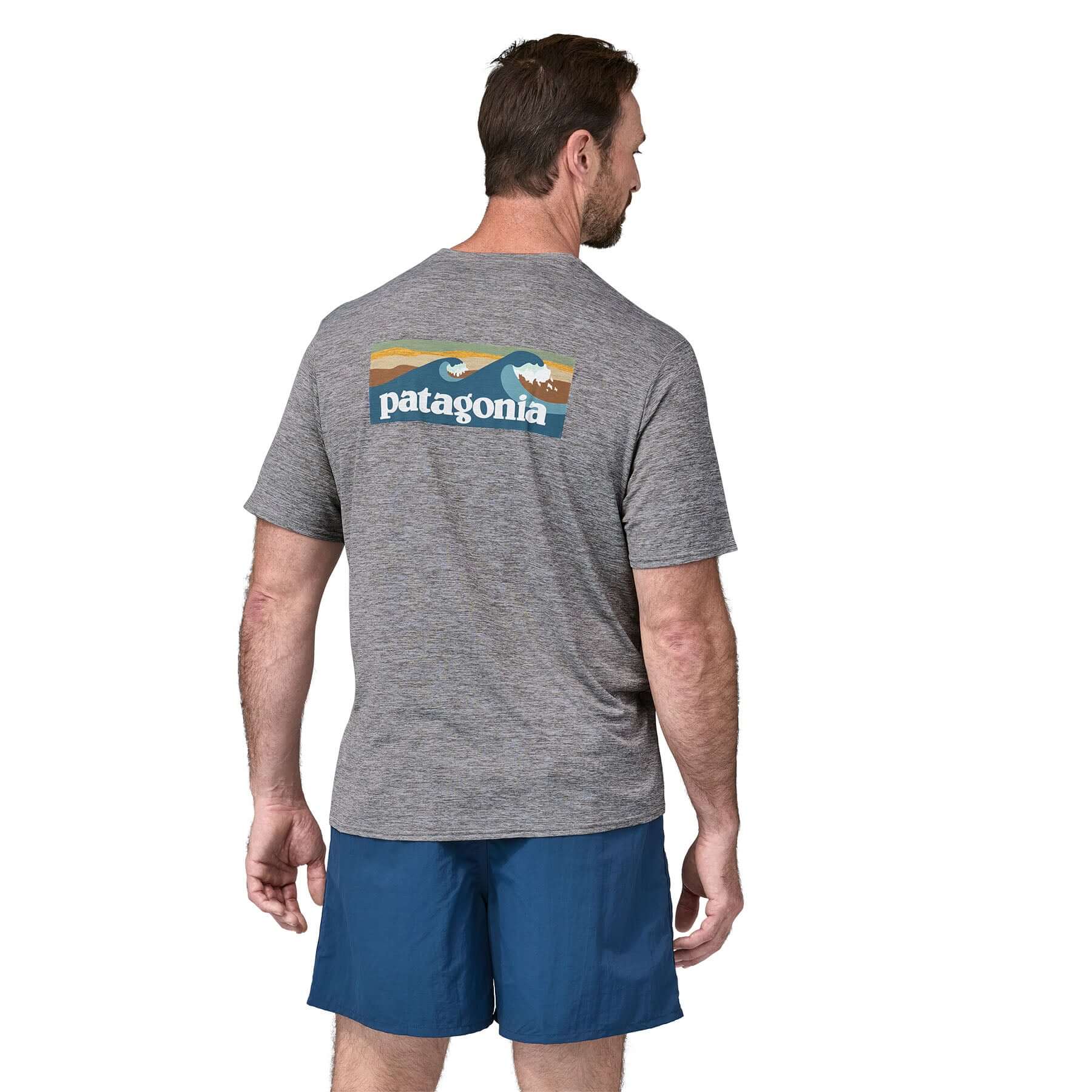 Men's Capilene® Cool Daily Graphic Shirt - Waters in Boardshort Logo Abalone Blue: Feather Grey | Patagonia Bend