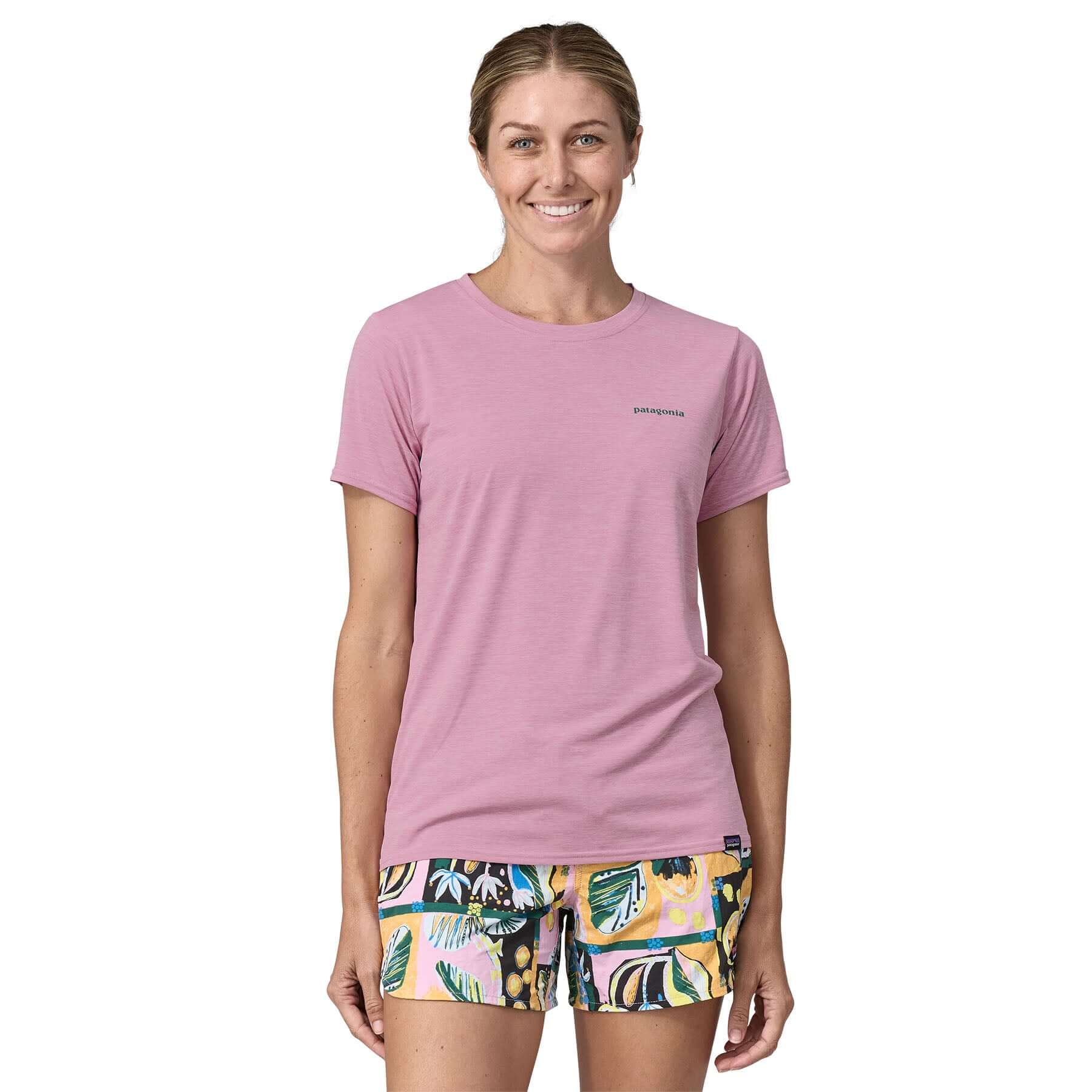 Women's Capilene® Cool Daily Graphic Shirt - Waters in Boardshort Logo: Milkweed Mauve X - Dye | Patagonia Bend